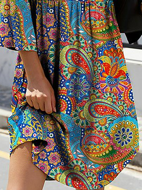 Women's Smock Dress Paisley Midi Dress Round Neck Flare Sleeve Casual Midi Smock Dress