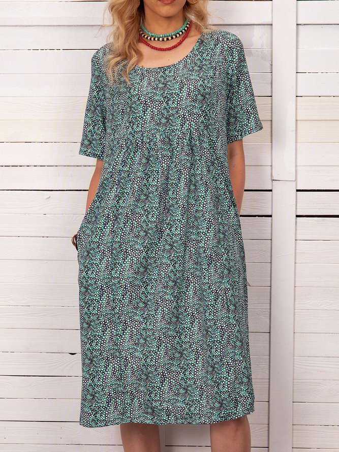 Women Fashion Summer Printed Midi Dress Crew Neck Dresses