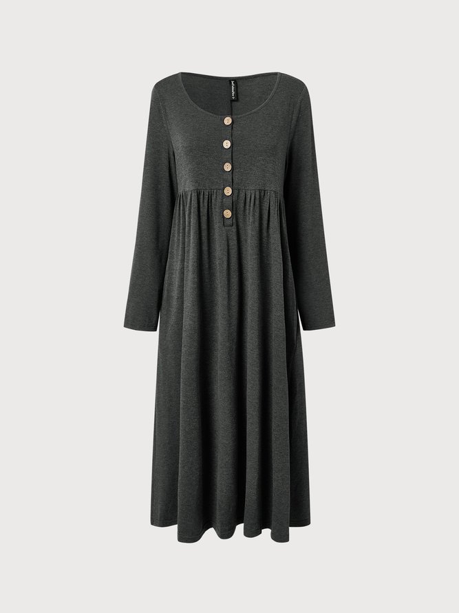 Plain Simple Autumn Buttoned Natural Midi Half Open Collar Dress