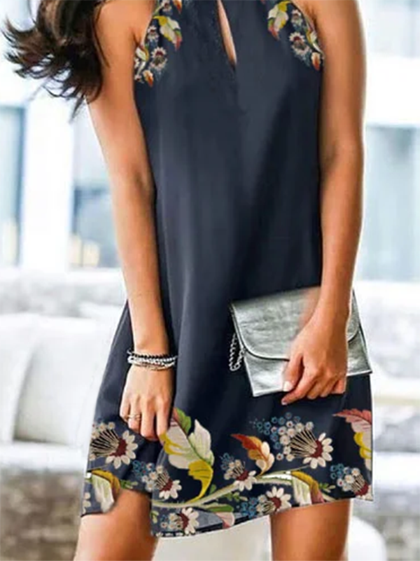 Floral-Print Halter Sleeveless Casual Weaving Prom Dress