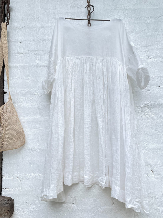 Cotton And Linen Casual Plain Crew Neck Dress