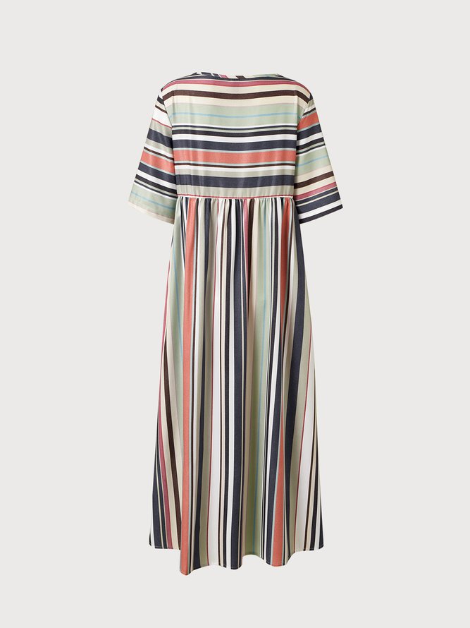 V Neck Stripe Geometric Casual Midi Dress