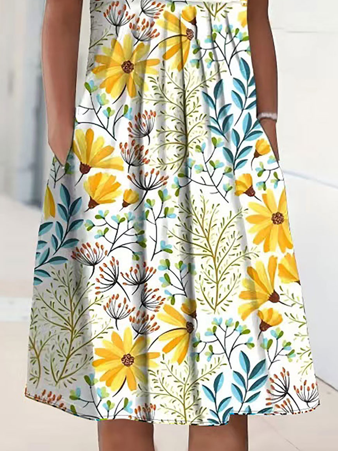 Round Neck Floral Casual Midi Dress