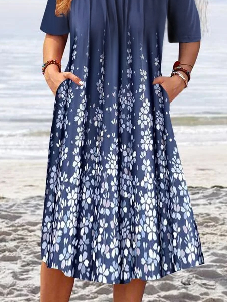 Loose Floral Crew Neck Casual Dress