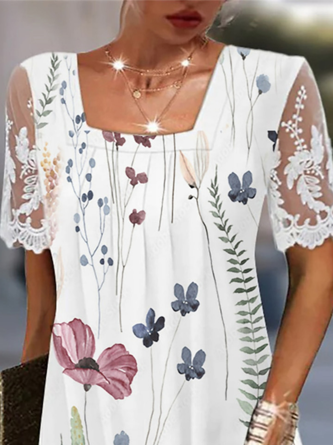 Square Neck Lace Casual Floral Loose Dress
