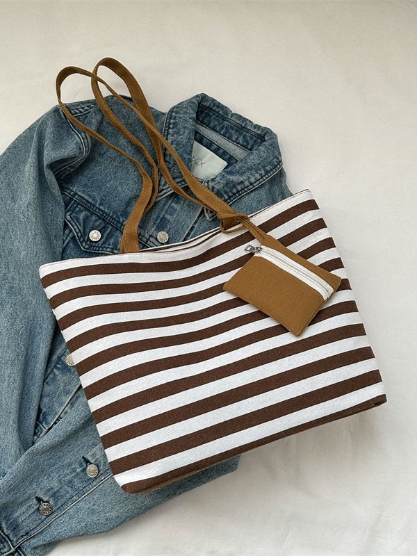 Contrast Color Stripe Tote Women's Shoulder Bag Coin Purse Large Capacity