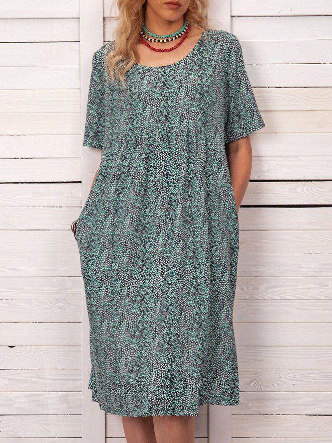 Women Fashion Summer Printed Midi Dress Crew Neck Dresses