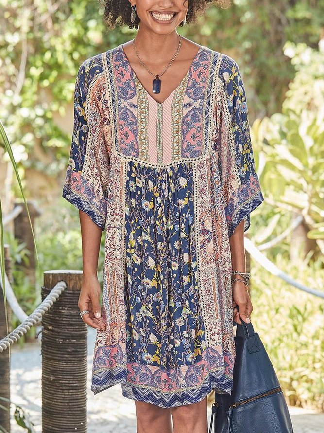 Half Sleeve Casual Cotton-Blend V Neck Weaving Dress