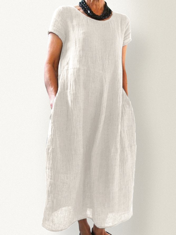 Summer Pockets Round Neck Shift Linen Dresses