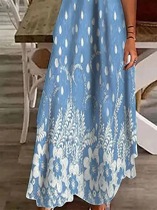 V Neck Floral Short Sleeve Casual Vacation Maxi Dress