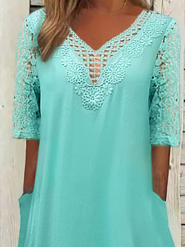 Women's Half Sleeve Scoop Neck Lace Stitching Midi Dress