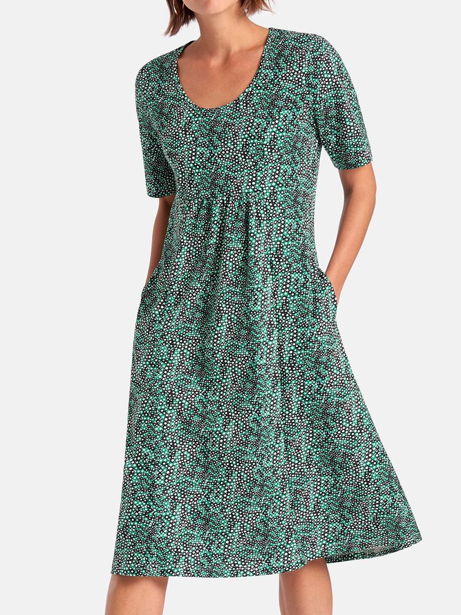 Women Fashion Summer Printed Midi Dress Crew Neck Dresses