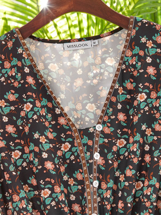 V Neck Casual Floral Weaving Dress