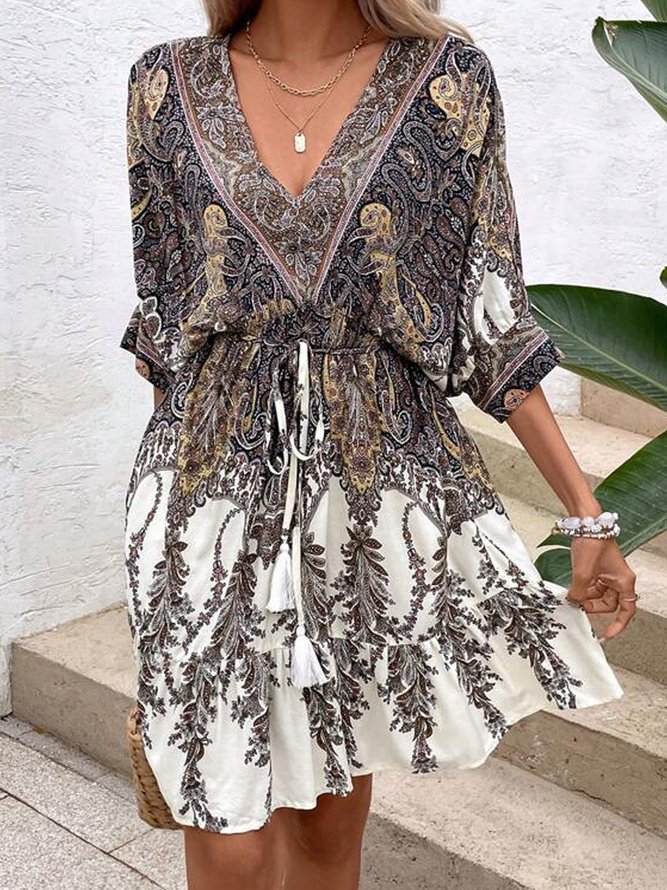 Loose Vacation Ethnic V Neck Dress