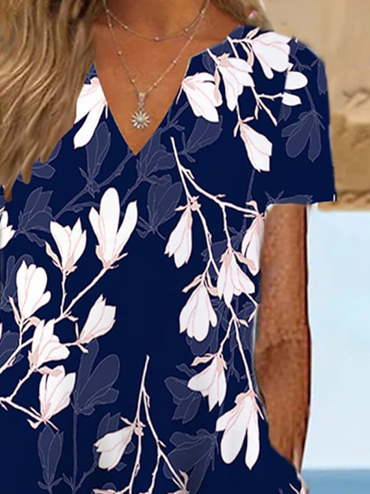 Floral Notched Elegant Loose Dress