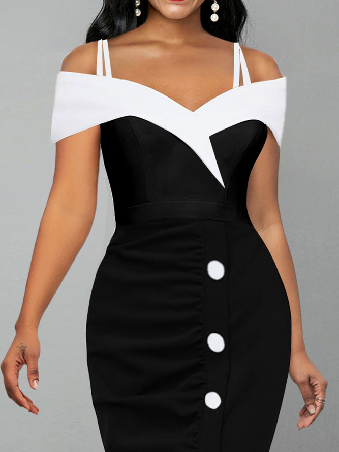 Split Off Shoulder Short Sleeve Black Bodycon Dress