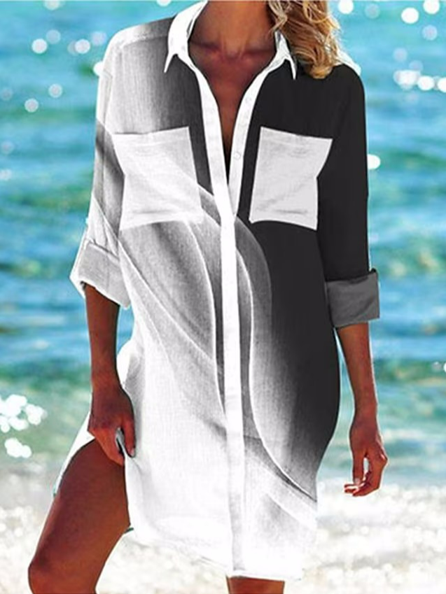 Shirt Collar Ombre Pockets Linen Shirt Dress