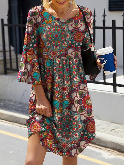Casual Loose Ethnic Crew Neck Dress