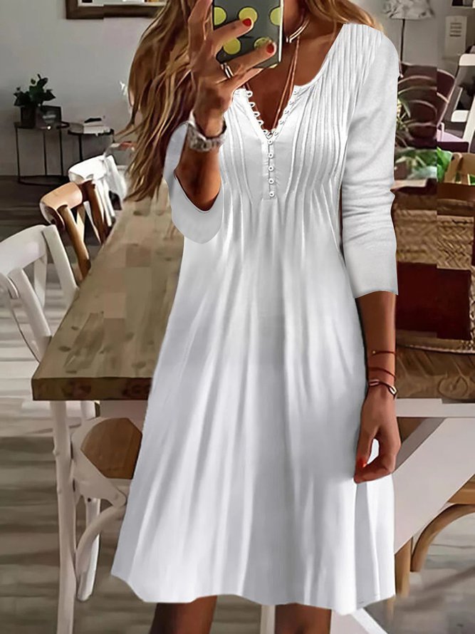 Crew Neck Casual Plain Buttoned Knitted Long-sleeve Mini Prom Dress
