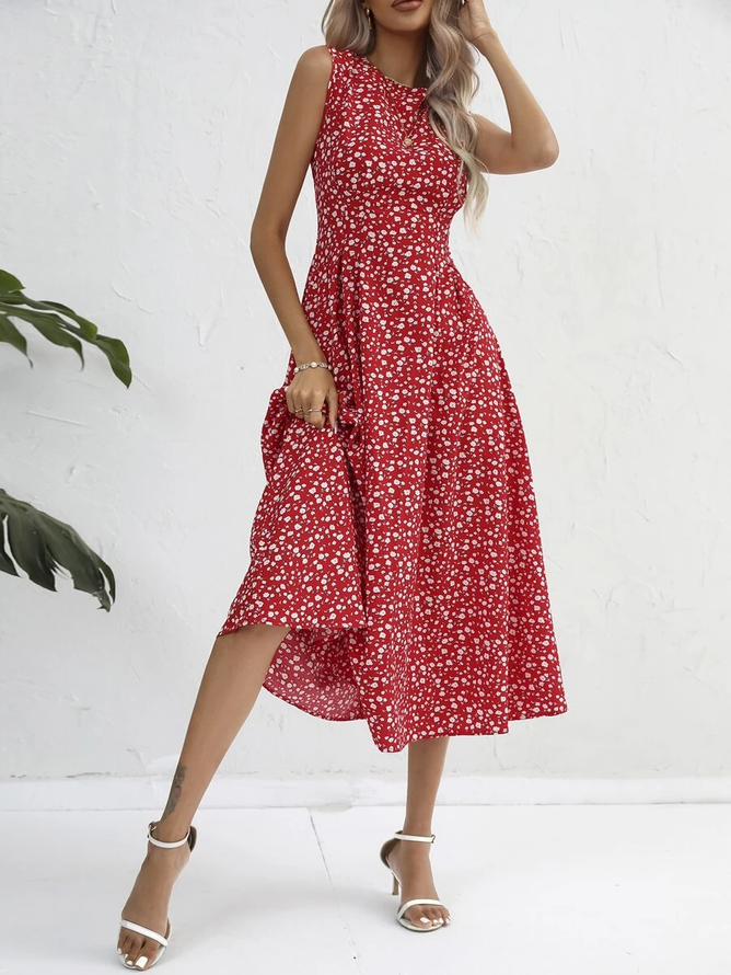 Crew Neck Loose Floral Elegant Ditsy Floral Print Sleeveless Dress