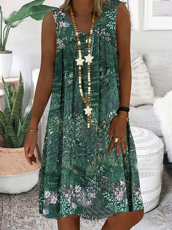 V Neck Floral Sleeveless Beach Casual Midi Dress
