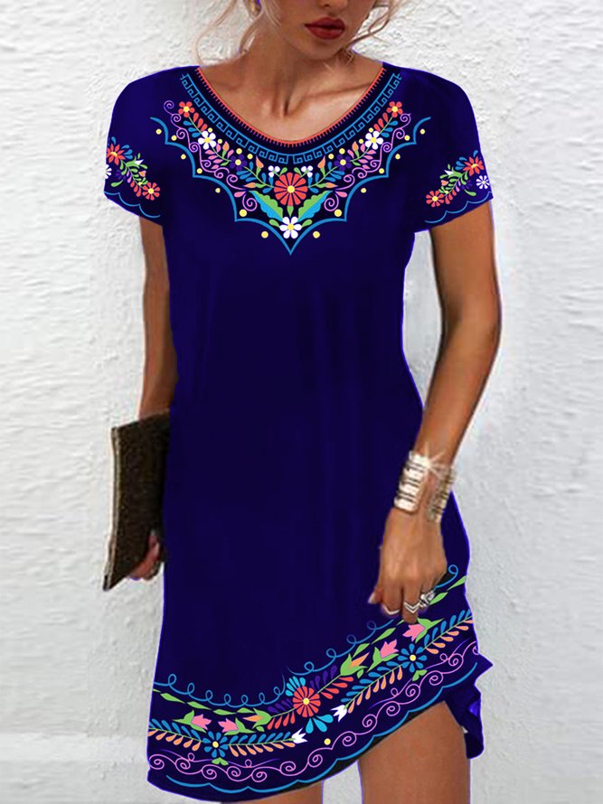 Women's Mexican Dress Midi Dress Black Half Sleeve Summer Crew Neck Tribal Casual