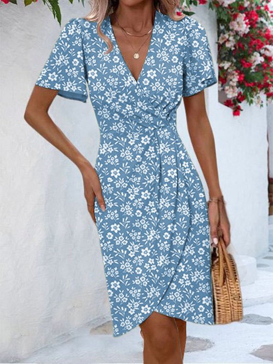 Boho Regular Fit V Neck Ditsy Floral Dress