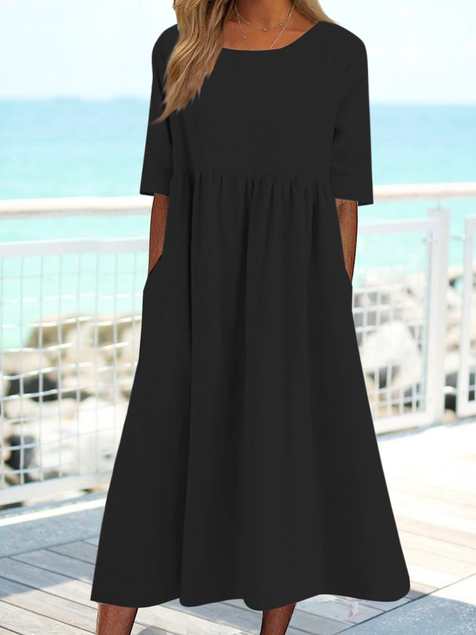Crew Neck Plain Loose Pocket Long Midi Dress