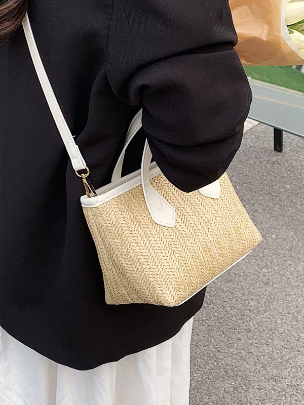 Casual Straw Leather Stitching Shoulder Diagonal Women's Bag Vacation Urban