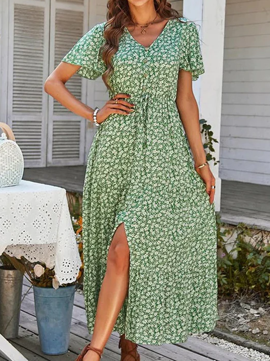 Ditsy Floral V Neck Loose Vacation Dress