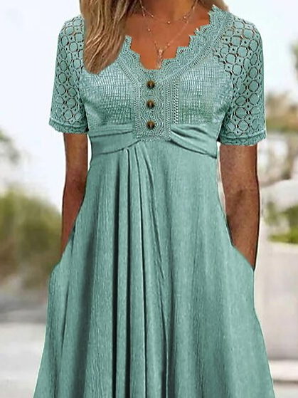 Casual Loose V Neck Lace Plain Dress