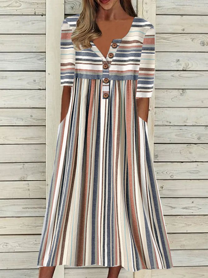V Neck Stripe Geometric Casual Midi Dress