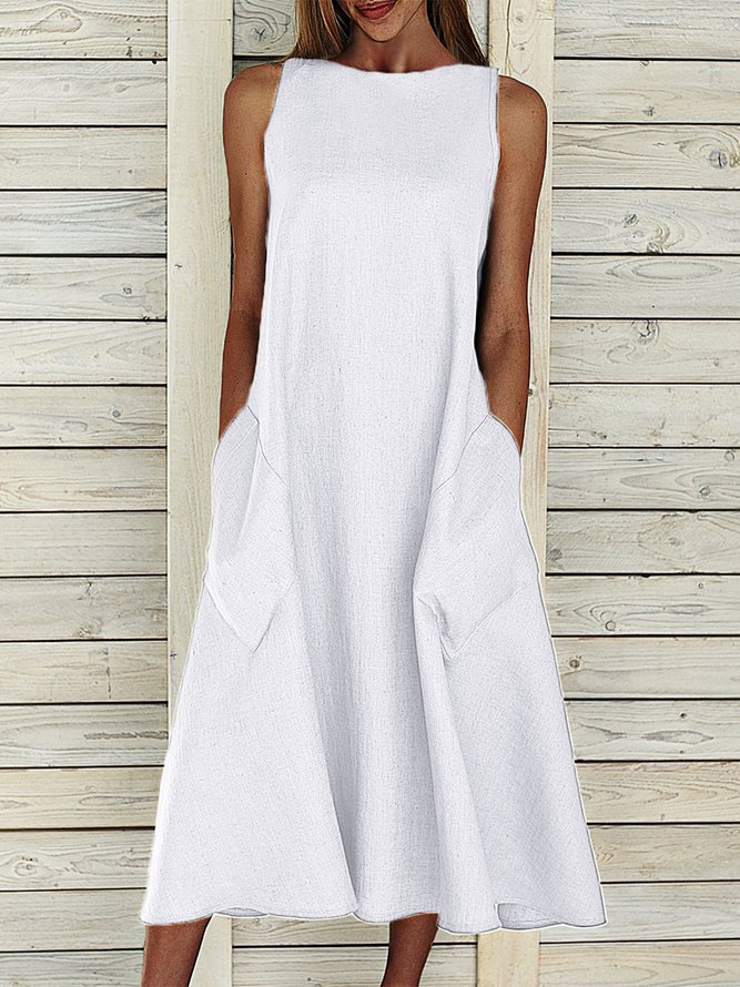 Round Neck Pockets Plain Casual Midi Dress