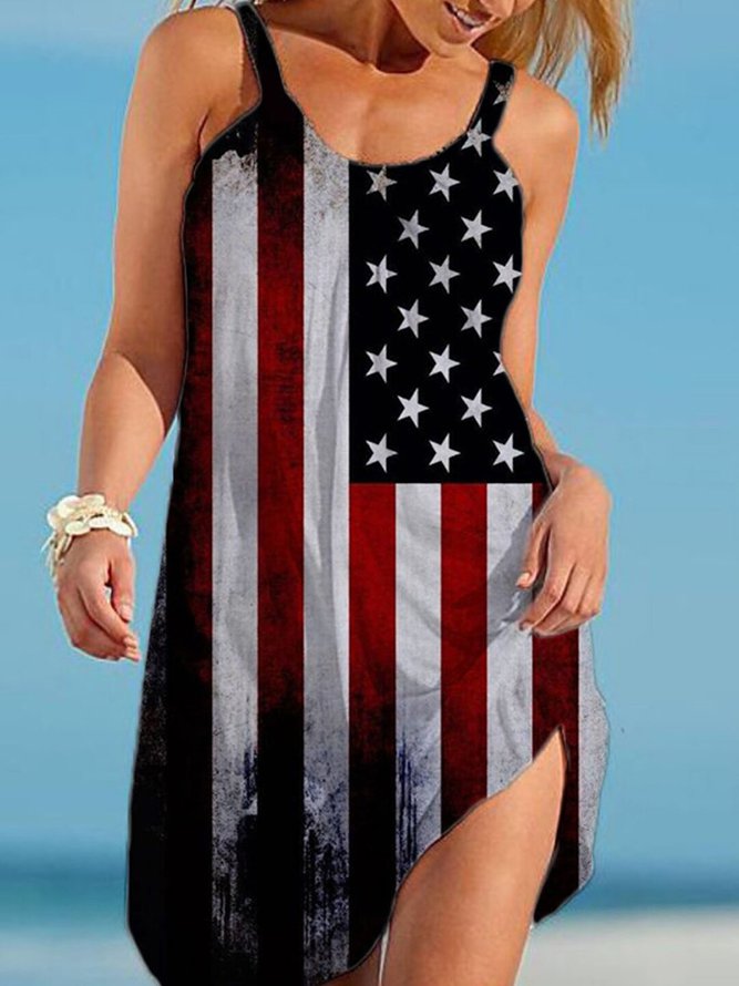 Flag Printed Crew Neck Holiday Sleeveless Knitting Dress