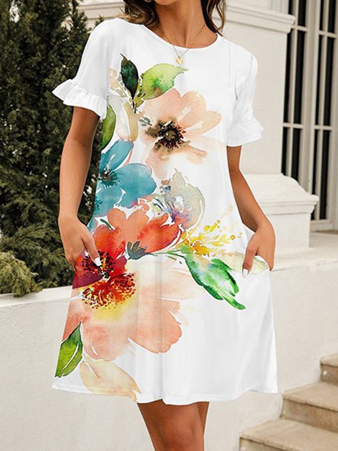 Floral Ruffled Sleeves Loose Casual Dress