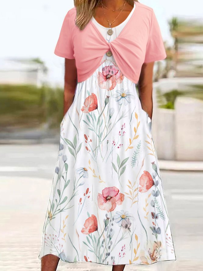 Loose Casual Knitted Split Joint Floral Dress