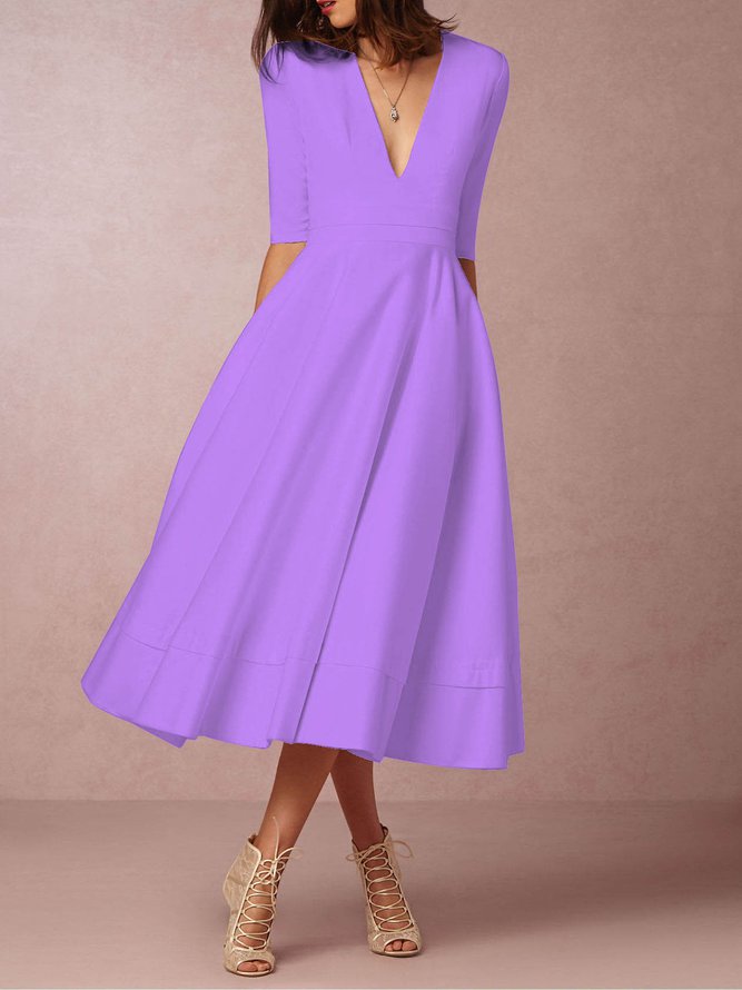 Women Deep V Neck 3/4 Sleeve Paneled Solid Elegant Swing Prom Dress