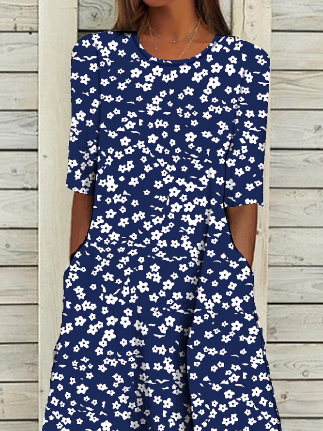 Ditsy Floral Round Neck Casual Midi Dress