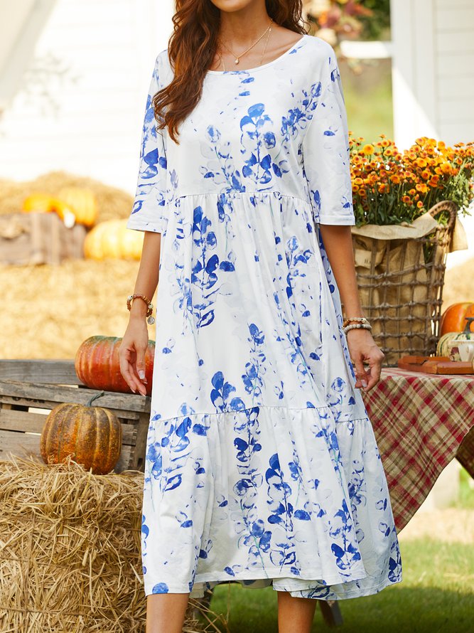 Crew Neck Casual Regular Sleeve Floral Dress