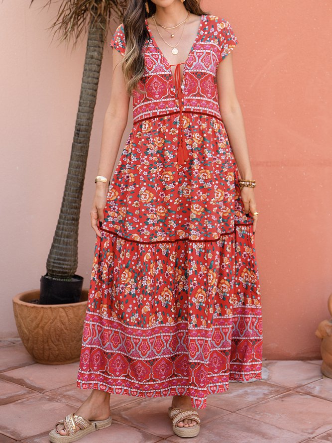 Ditsy Floral V Neck Boho Floral-Print Weaving Dress
