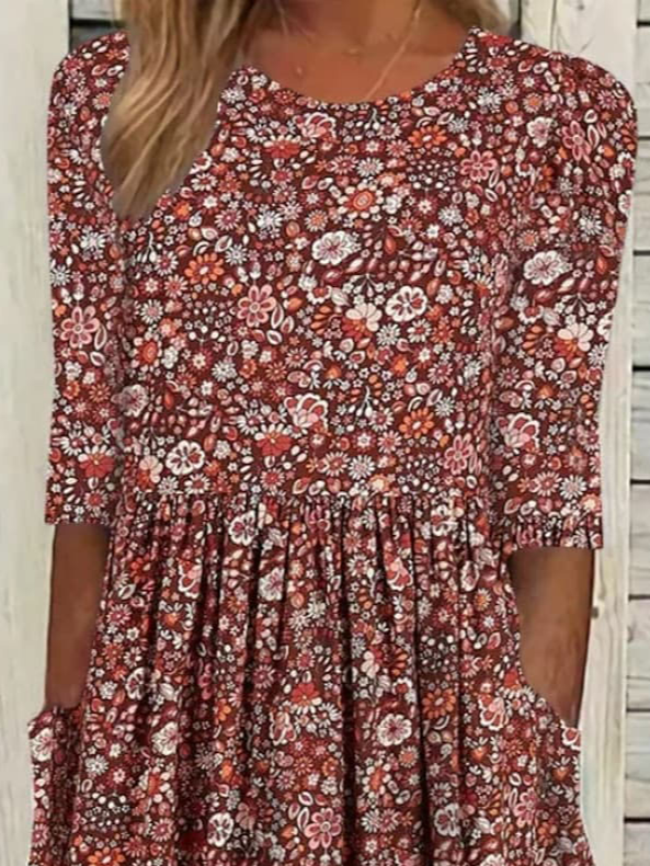 Casual Ditsy Floral Knitted Crew Neck Dress