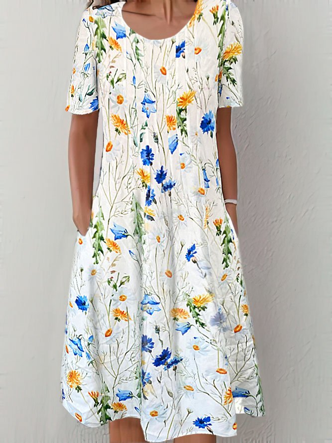 Round Neck floral Vacation Midi Dress