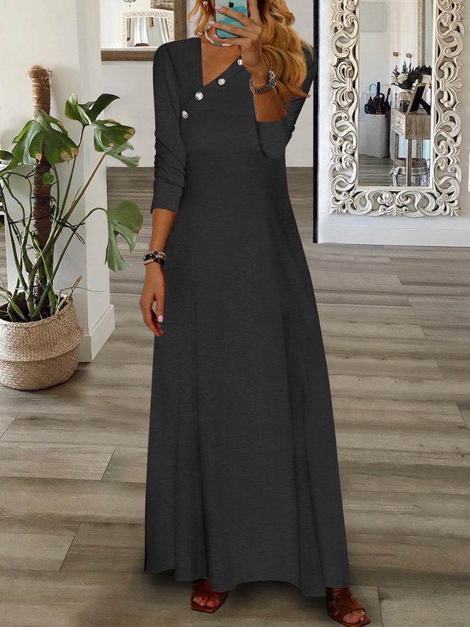 Button Asymmetric Neck Long Sleeve Resort Dress