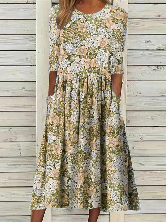 Vacation Knitted Crew Neck Floral Dress