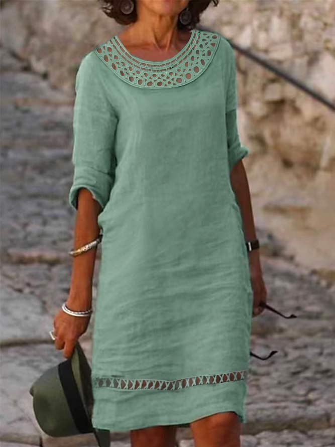 Plain Crew Neck Lace Vacation Linen Dress
