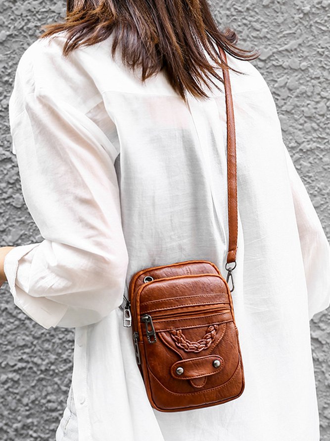 Antique Soft Leather Zip Multi Pocket One Shoulder Crossbody Bag