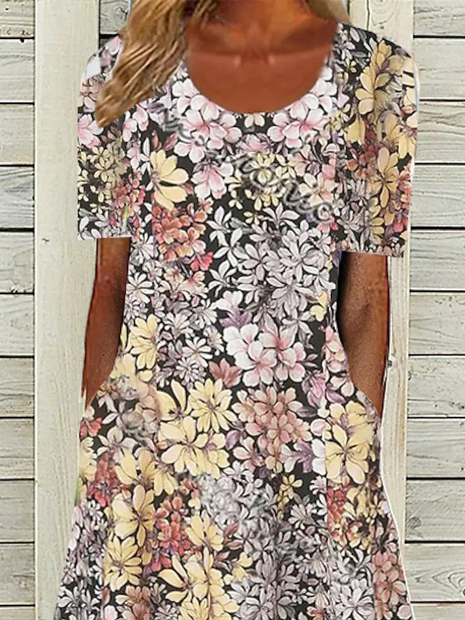 Crew Neck Floral Pockets Vacation Midi Dress