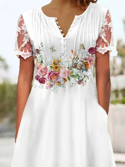 Floral Casual V Neck Lace Floral Summer Dress