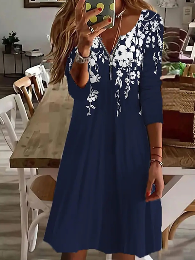 Floral Loose Zipper V Neck Casual Dress