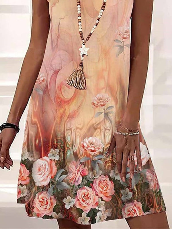 Floral V Neck Casual Loose Dress